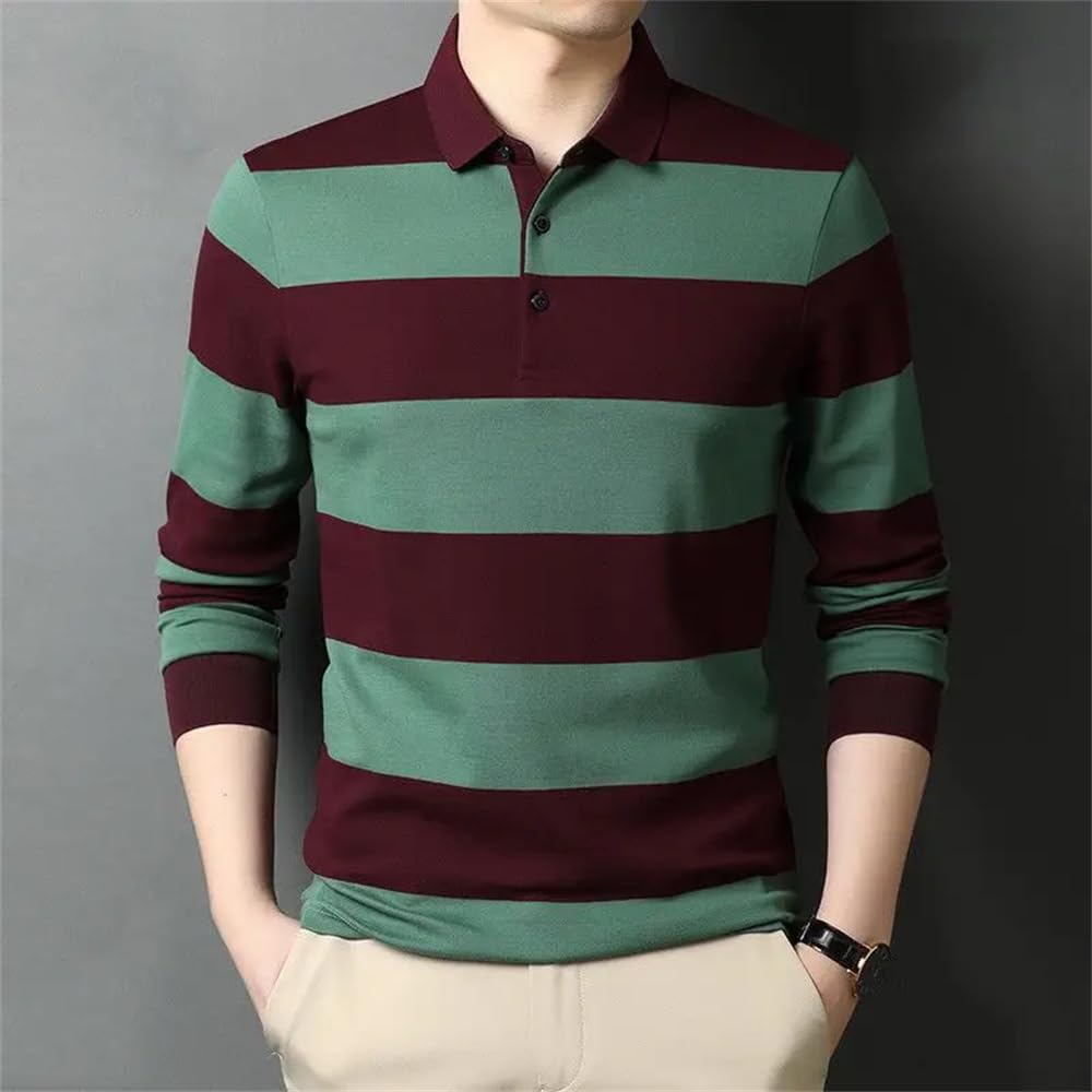 Men's Polo Shirt Casual Striped Top Loose Long Sleeve